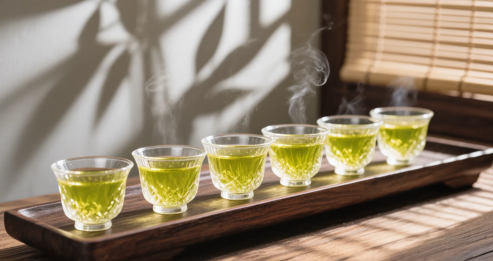 美しい水色の煎茶が並ぶイメージ